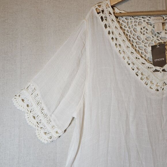 Chicos VNeck Macrame Sheer Top Blouse Women 3 XL White Fringe Boho Cottage NWT - Picture 3 of 10